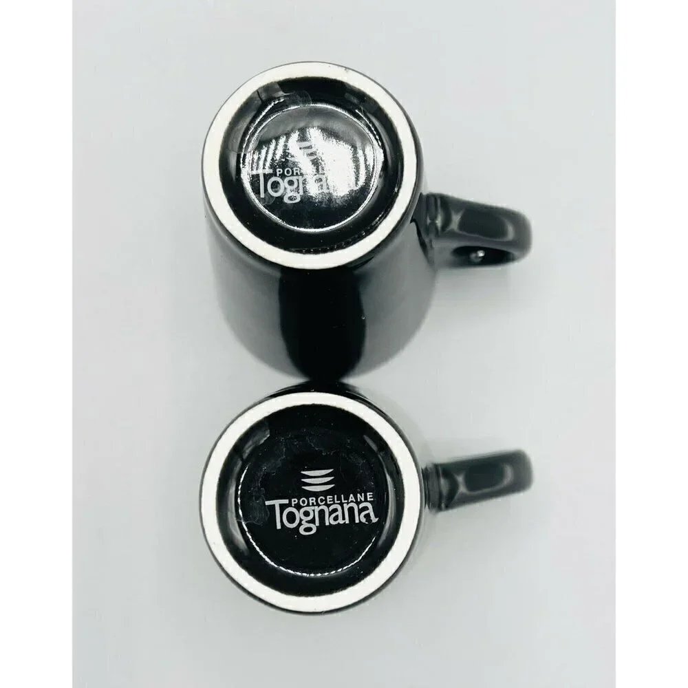 2 Tognana Porcelain Espresso Shot Mugs Cups Black Made in Italy Coffee Bar 3”